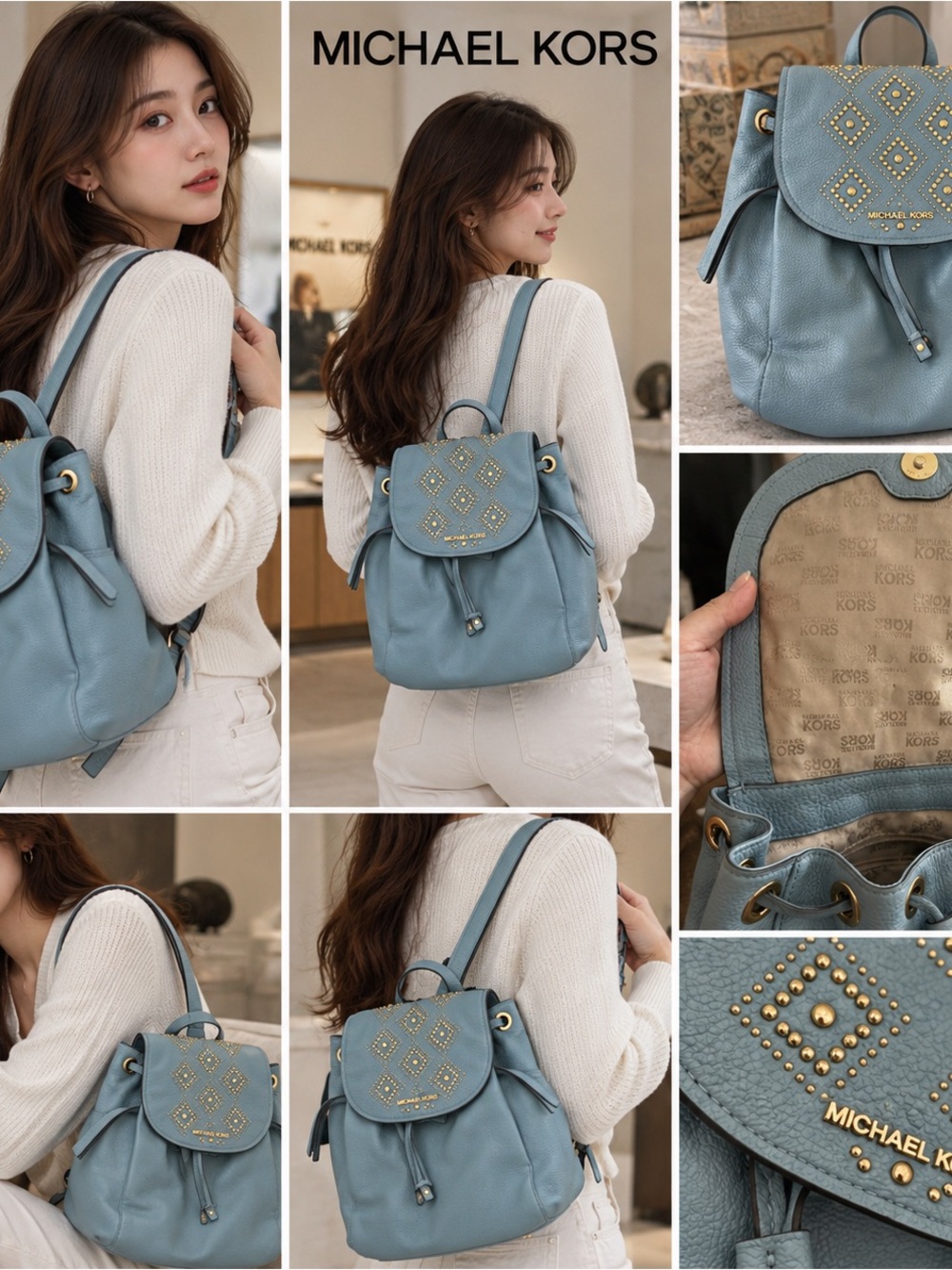 Michael Kors Dusty Blue Pebbled Leather Studded Drawstring Backpack